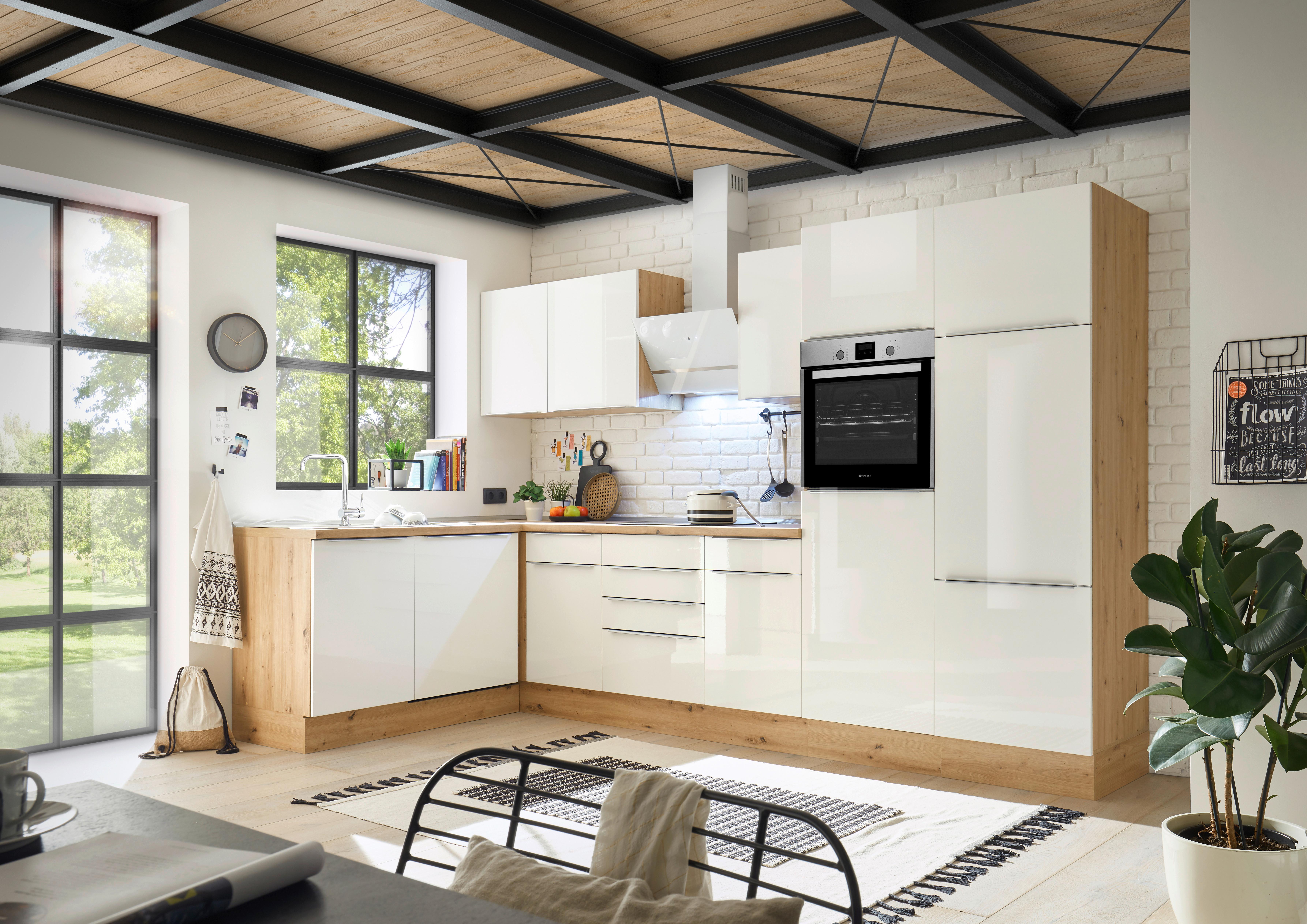 Eckküche Marleen mit Geräten Weiß/Eiche ca. 340x170 cm - Weiß Hochglanz/Alufarben, LIFESTYLE, Holzwerkstoff/Kunststoff (170/340cm) - Respekta