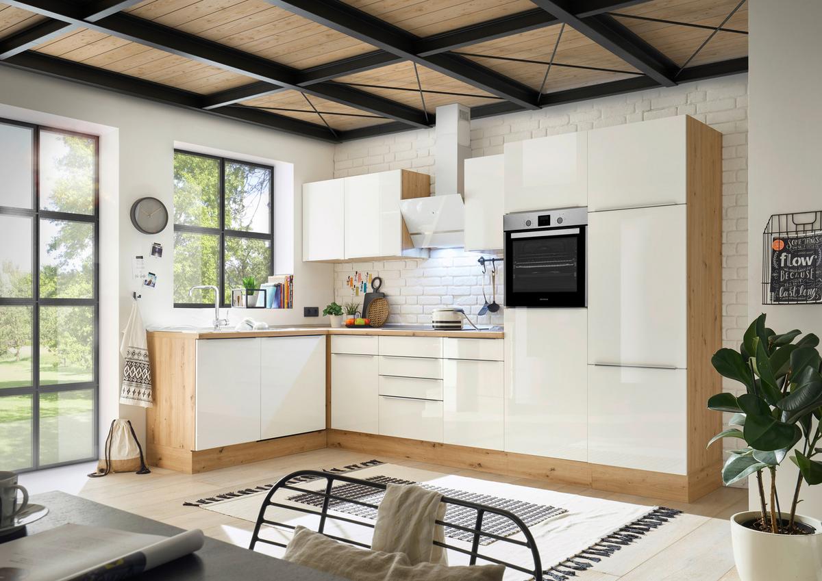 Eckküche Marleen mit Geräten Weiß/Eiche ca. 340x170 cm - Weiß Hochglanz/Alufarben, LIFESTYLE, Holzwerkstoff/Kunststoff (170/340cm) - Respekta