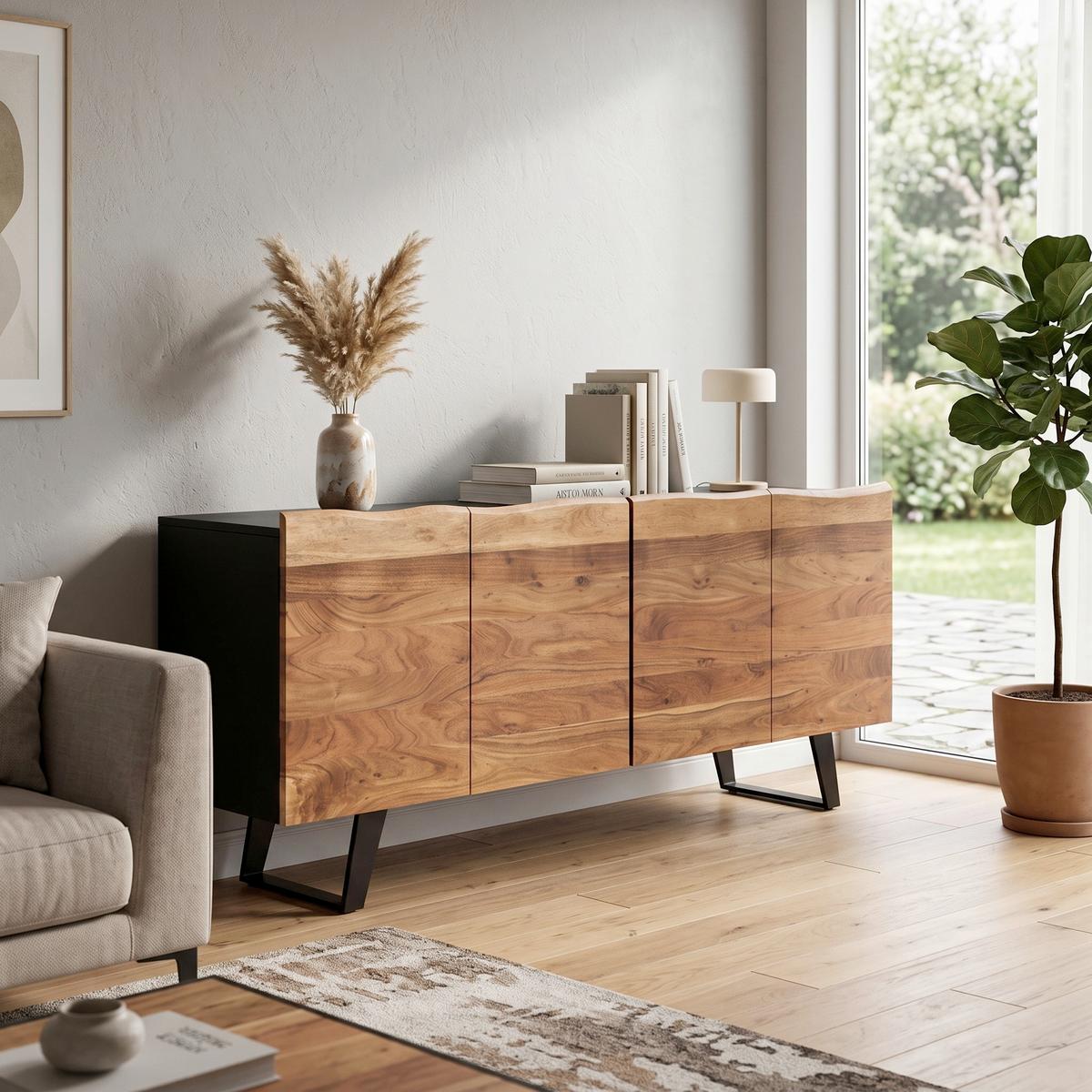 Sideboard Wl7.057 - Schwarz/Akaziefarben, Design, Holz/Metall (180/75/45cm) - MID.YOU