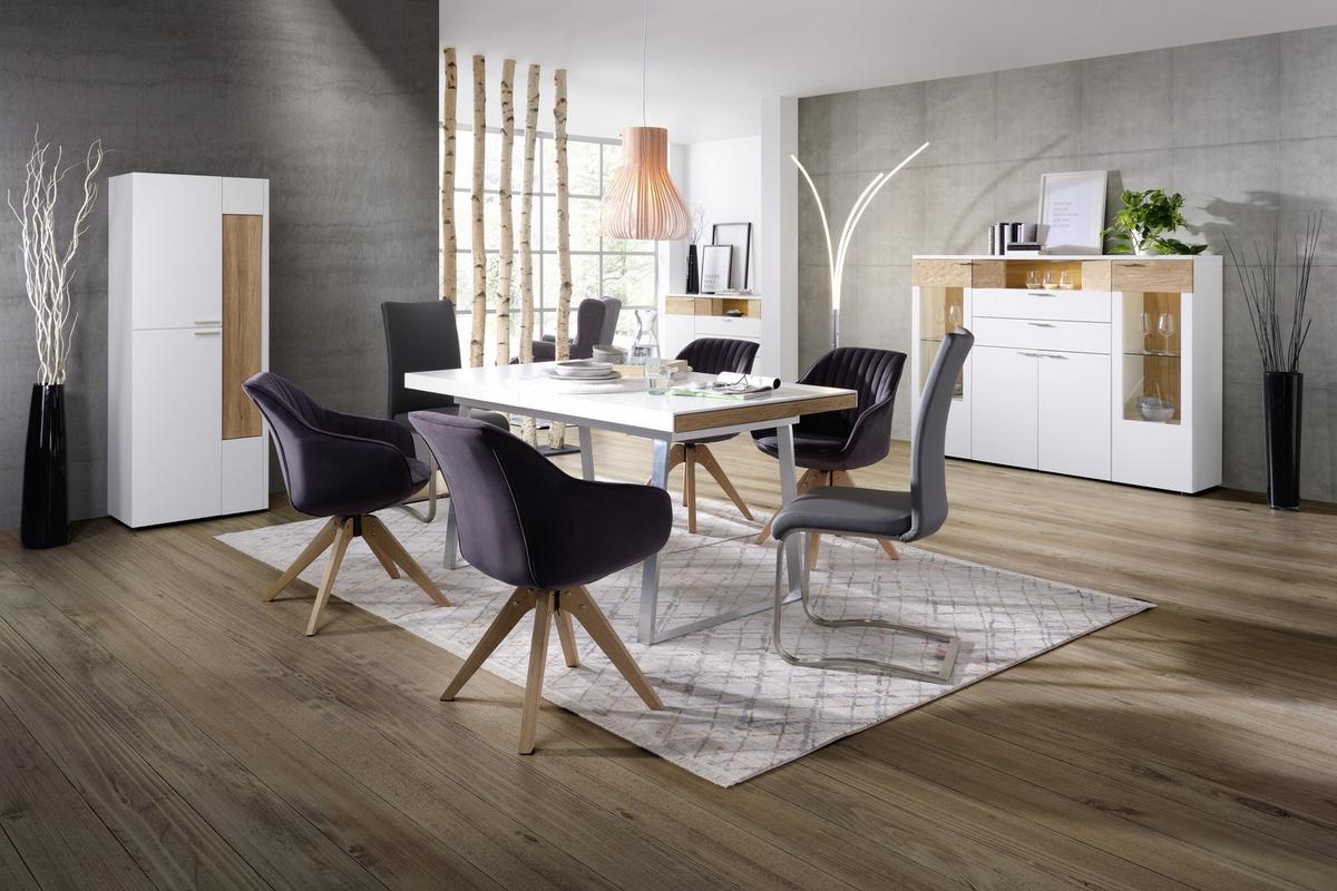 Highboard aus Eiche teilmassiv - Weiss/Edelstahlfarben, Modern, Glas/Holzwerkstoff (180/132/40cm) - Premium Living