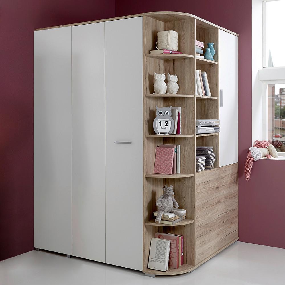 Eckschrank Young Weiß/Eiche San Remo - Alufarben/Weiß, KONVENTIONELL, Holzwerkstoff/Kunststoff (124/198/148cm) - Mömax
