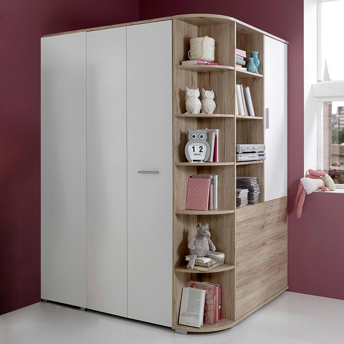Eckschrank Young Weiß/Eiche San Remo - Alufarben/Weiß, KONVENTIONELL, Holzwerkstoff/Kunststoff (124/198/148cm) - Mömax