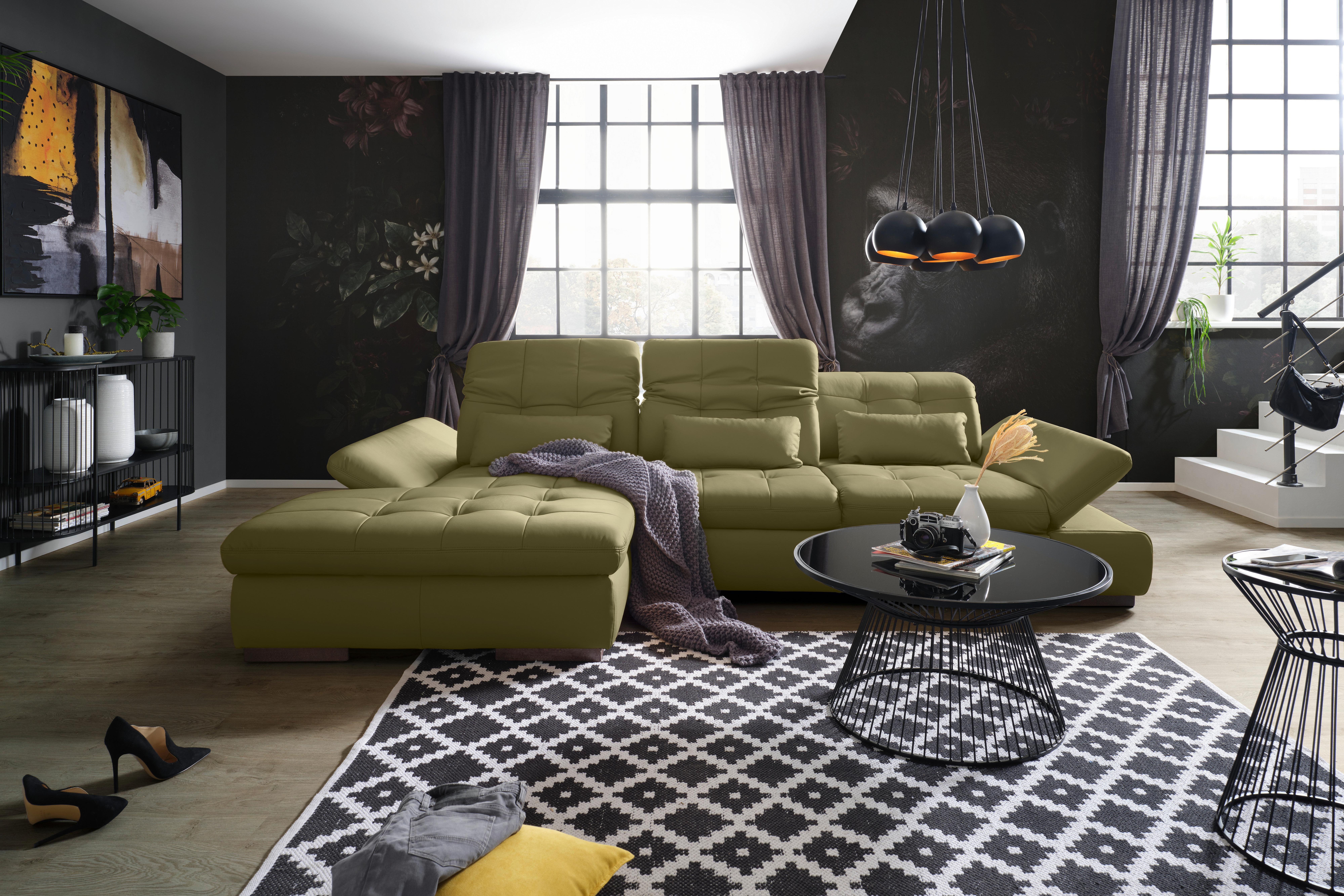 Wohnlandschaft Sanfino Leder Olivgrün - Chromfarben/Olivgrün, KONVENTIONELL, Leder/Metall (199/79-96/305cm) - Premium Living