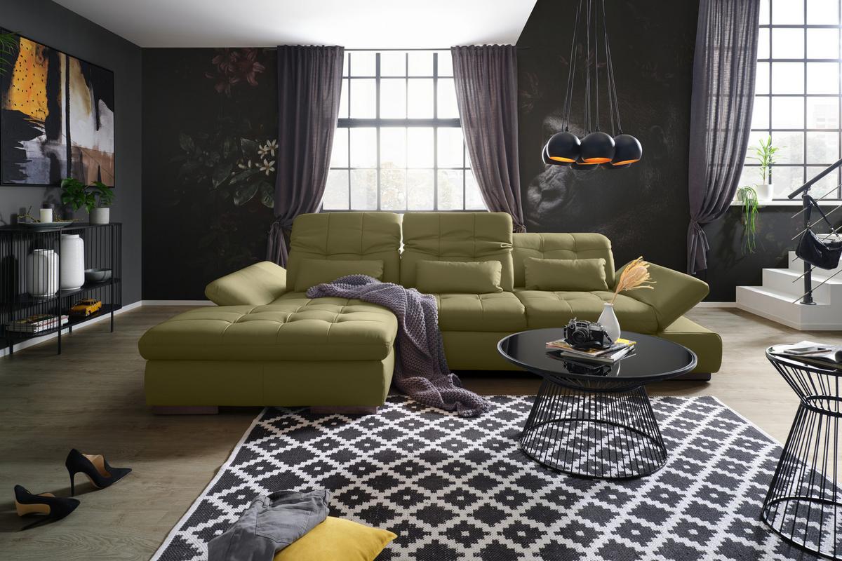 Wohnlandschaft Sanfino Leder Olivgrün - Chromfarben/Olivgrün, KONVENTIONELL, Leder/Metall (199/79-96/305cm) - Premium Living