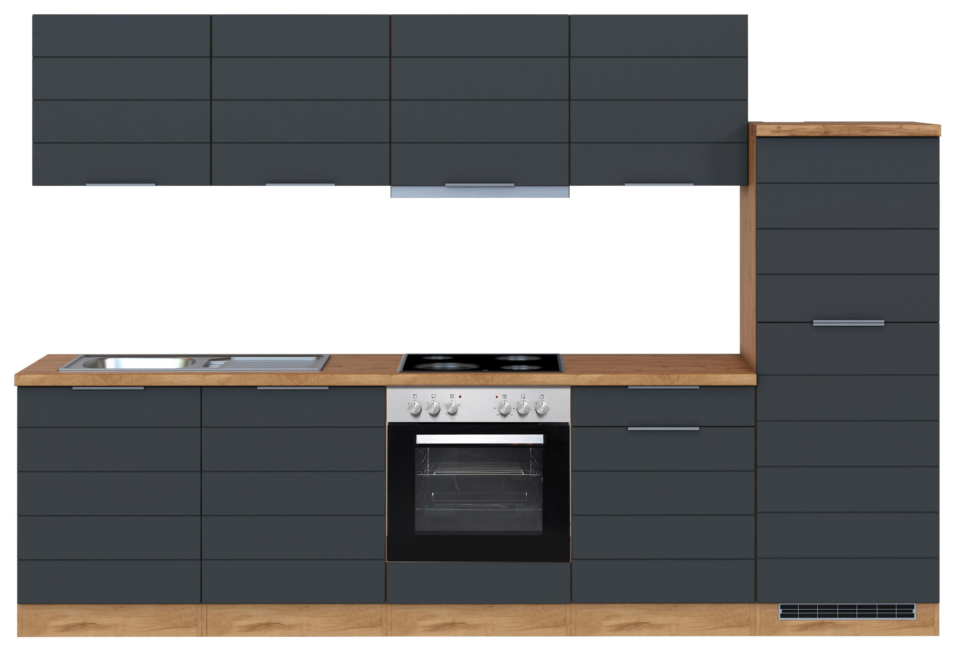 Küchenblock Florenz mit Geräten ca. 300 cm Grau/Eiche - Eiche Wotan/Grau, Design, Holzwerkstoff/Metall (300cm) - Held
