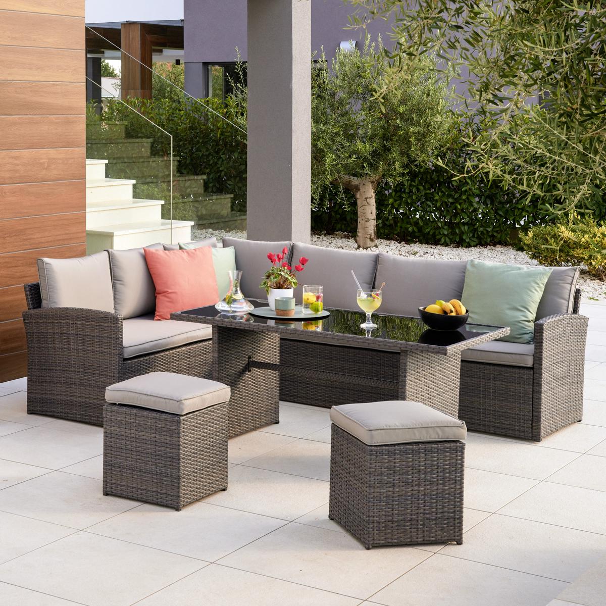 Loungegarnitur-Set Marrakesch 1 Grau aus Kunststoffgeflecht - Hellgrau/Schwarz, Modern, Glas/Kunststoff (181/70/240cm) - Mömax