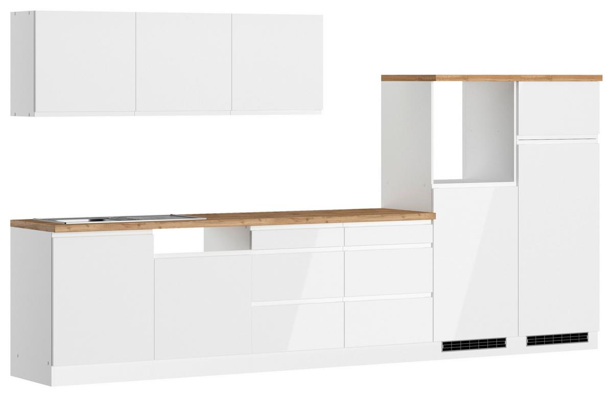 Küchenzeile Monza ohne Geräte ca. 360 cm Weiß/Eiche + Spüle - Weiß Hochglanz/Eiche Wotan, LIFESTYLE, Holzwerkstoff (360cm) - Held