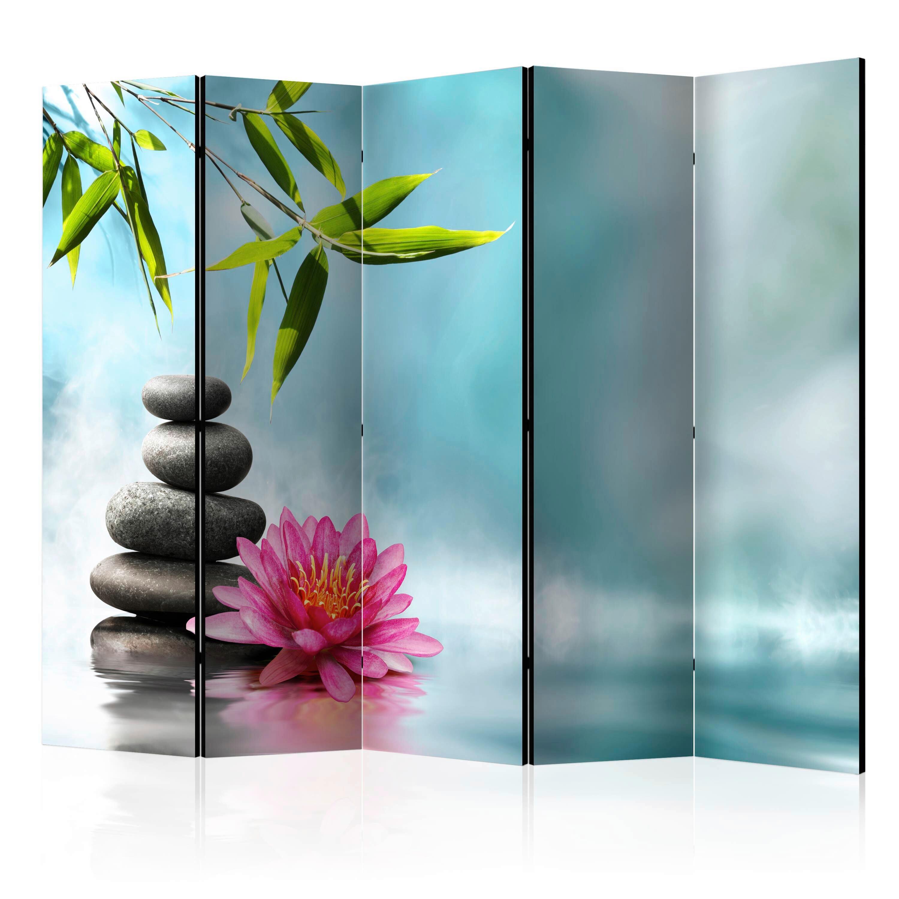 Paravan Water Lilly And Zen Stones I, 5-Delni, Dvostranski - svetlo modra/zelena, Basics, tekstil/les (225/172/3cm) - artgeist