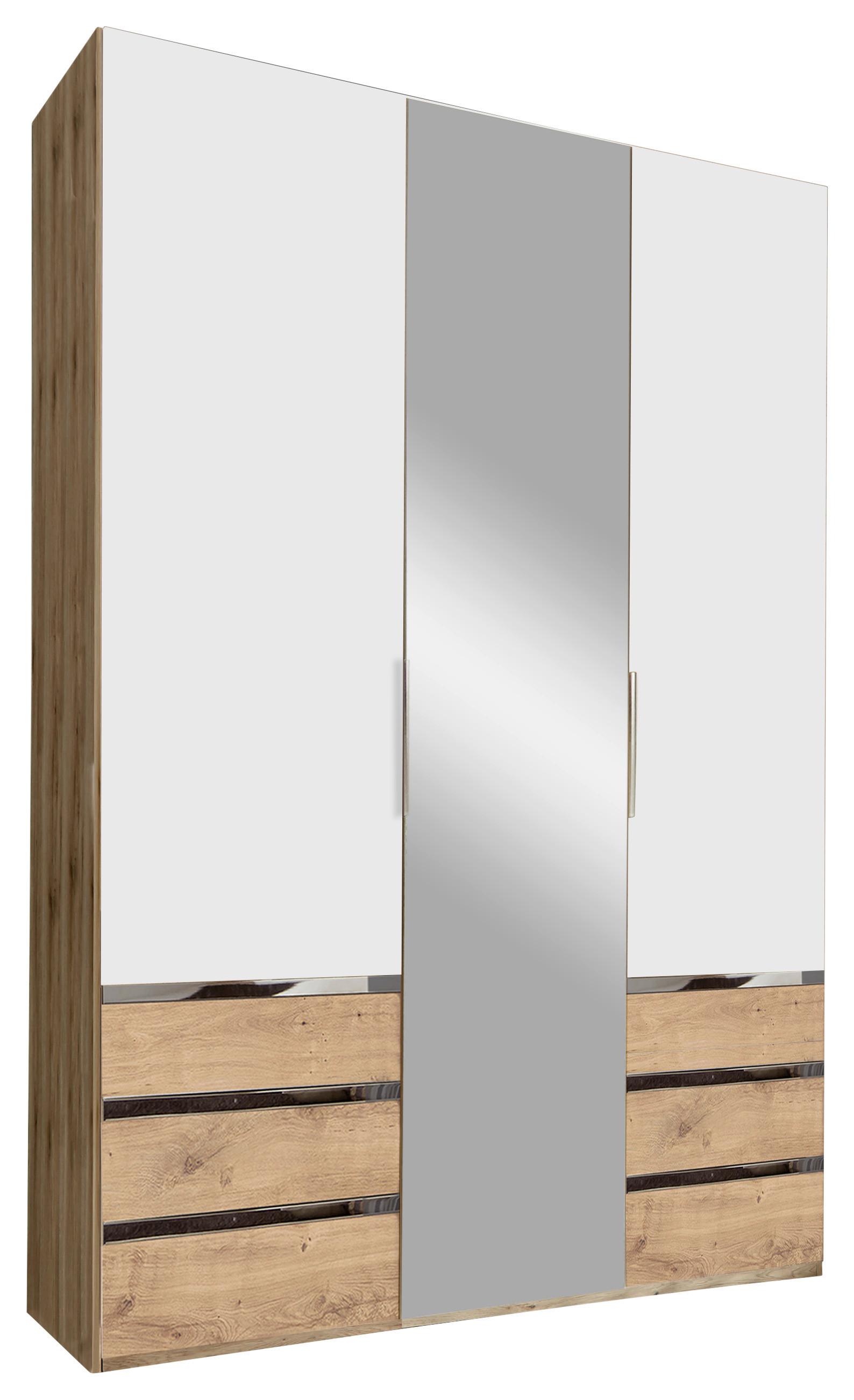 Drehtürenschrank Level 36A mit Spiegel ca. 150cm Weiß/Eiche - Chromfarben/Plankeneiche, MODERN, Glas/Holzwerkstoff (150/216/58cm) - MID.YOU