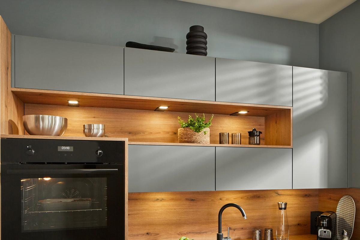 Eckküche Anthrazit/Dekor Eiche ohne Geräte, ohne Zubehör - Anthrazit/Schwarz, MODERN, Holzwerkstoff (302/197cm) - Express-Kuechen