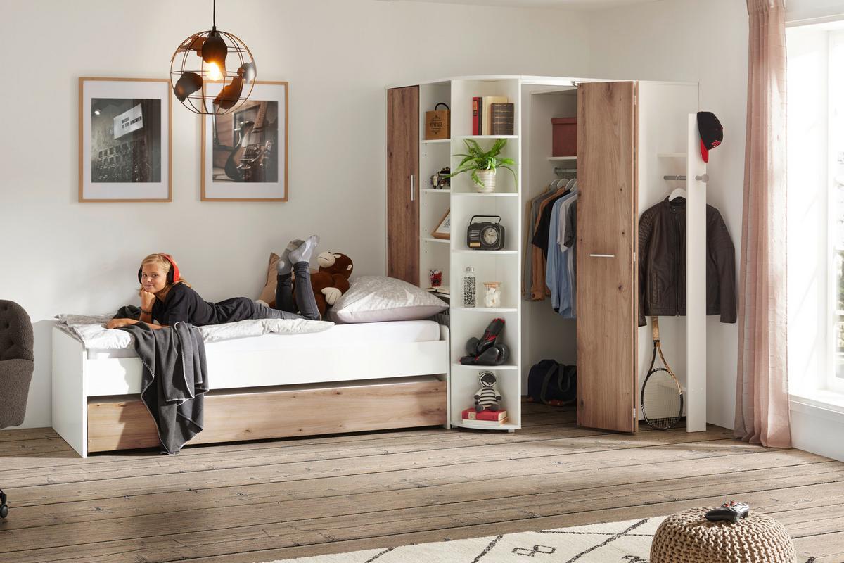 Eckschrank Young Weiß/Eiche Artisan - Alufarben/Weiß, KONVENTIONELL, Holzwerkstoff/Kunststoff (124/198/148cm) - Mömax