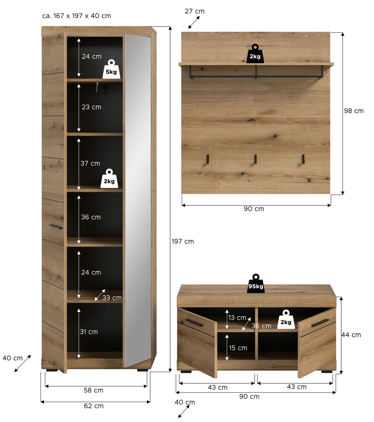 Predsoba Scout, Barva Hrasta, 3-Delna - temni hrast, Design, leseni material (167/197/40cm) - Livetastic