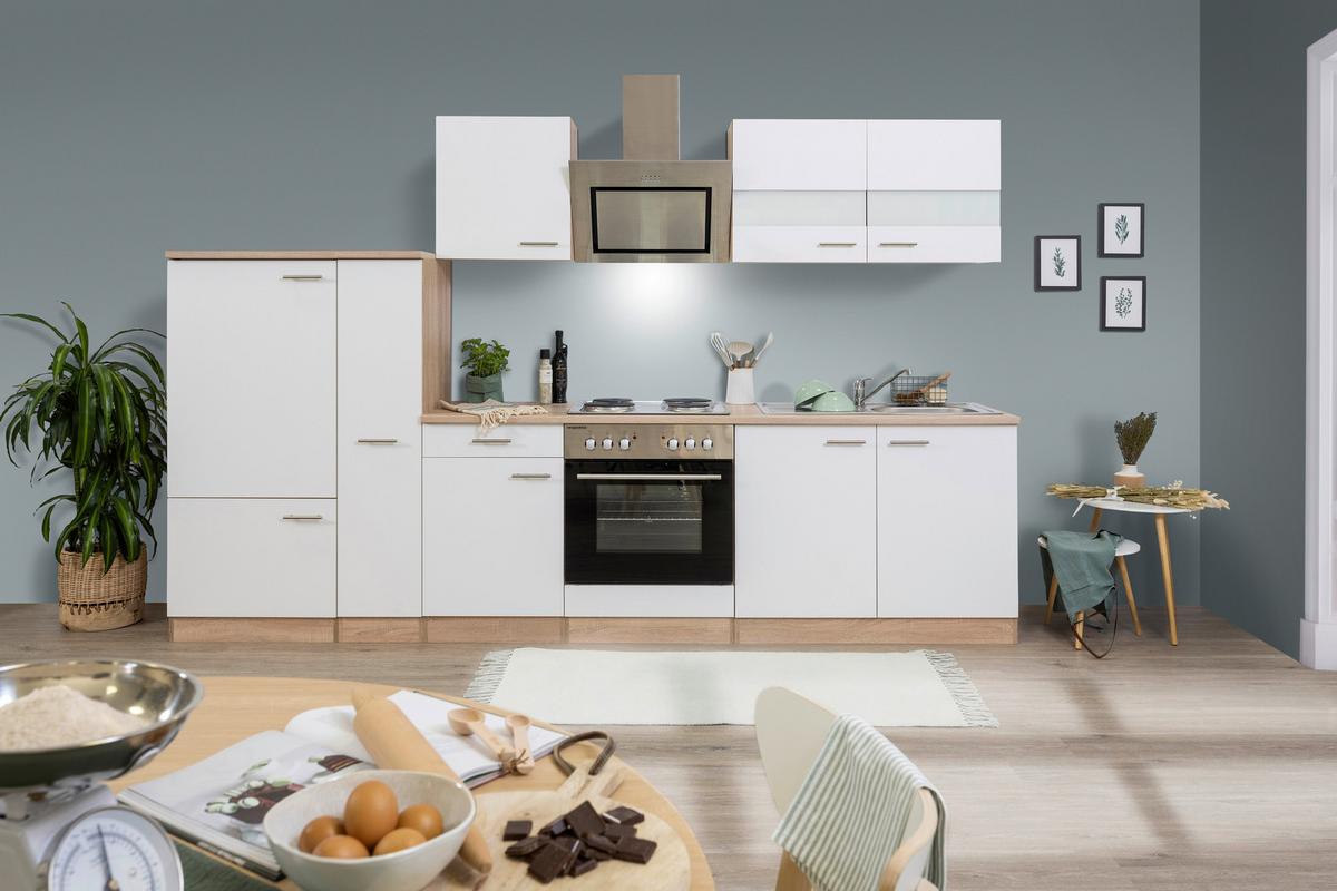 Küchenblock Merle mit Geräten ca. 300 cm Weiß - Edelstahlfarben/Eichefarben, Basics, Holzwerkstoff/Metall (300cm) - Respekta