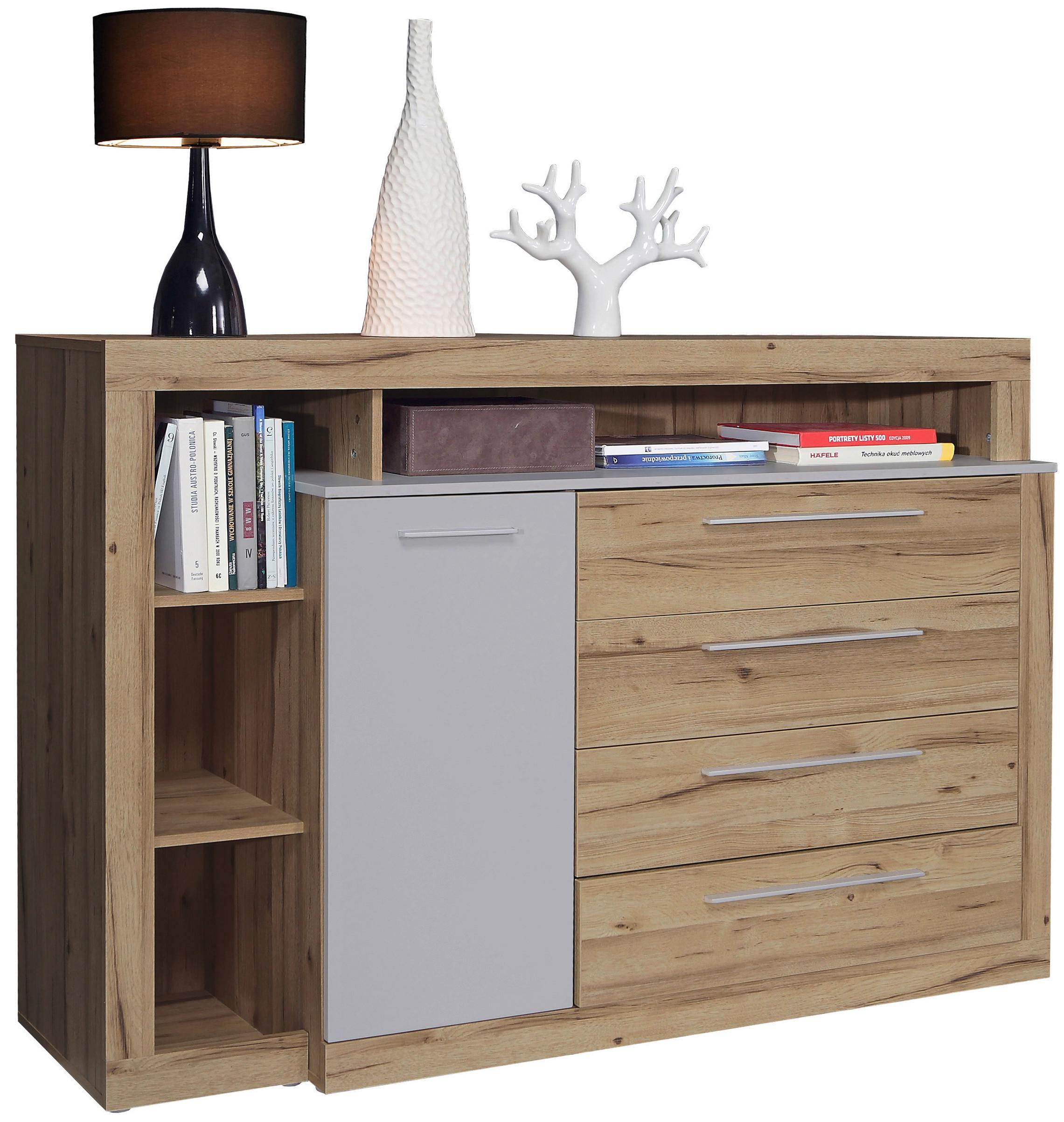 Široka Komoda Kasura, Barva Hrasta, Siva - siva/barve aluminija, Konvencionalno, umetna masa/leseni material (161/107/43cm) - Ti'me