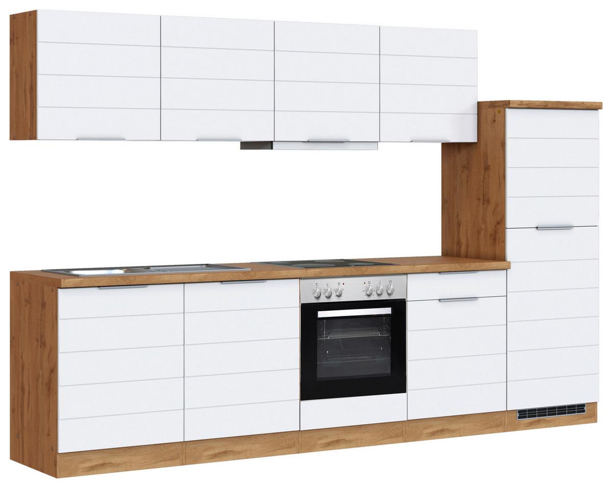 Küchenblock Florenz mit Geräten ca. 300 cm Weiß/Eiche - Eiche Wotan/Weiß, Design, Holzwerkstoff/Metall (300cm) - Held
