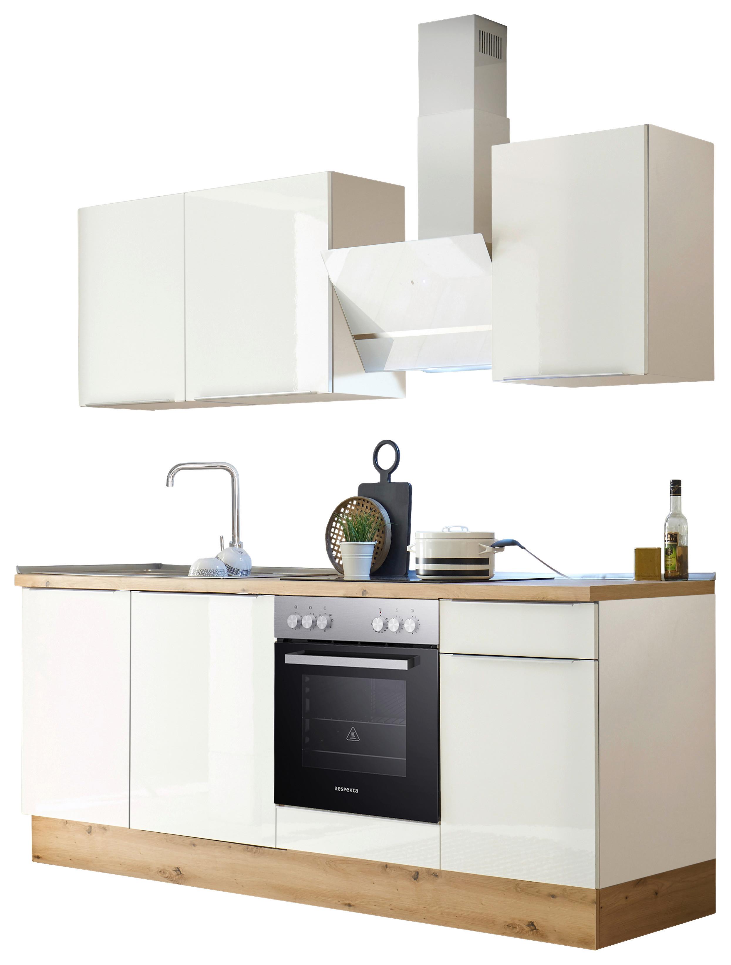 Küchenzeile mit Geräten Weiß B: ca. 220 cm - Weiß Hochglanz/Alufarben, LIFESTYLE, Holzwerkstoff/Kunststoff (220cm) - Respekta