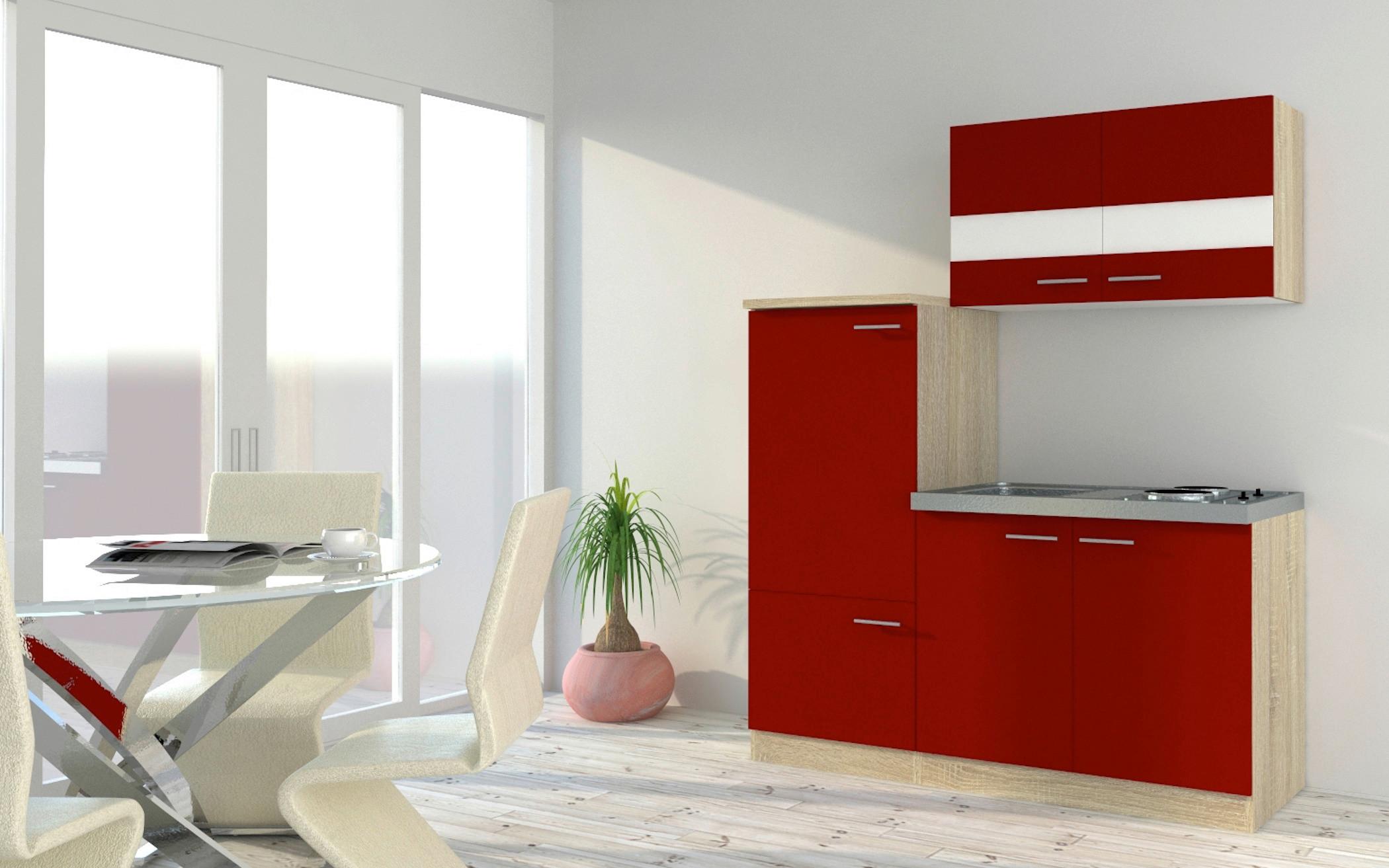 Kuhinjski Blok Z Aparati Economy, Barva Hrasta, Rdeča - barve nerjavečega jekla/rdeča, Basics, kovina/leseni material (160cm) - Respekta