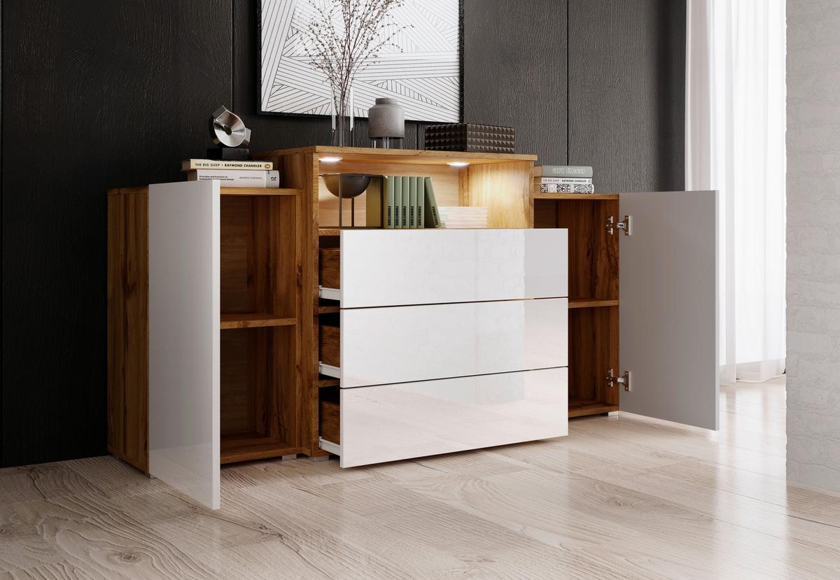 Sideboard Urban III mit LED ca. 150x69 cm Weiß/Eiche Wotan - Weiß Hochglanz/Eiche Wotan, LIFESTYLE, Holzwerkstoff/Kunststoff (150/68,7/32,5cm) - P & B