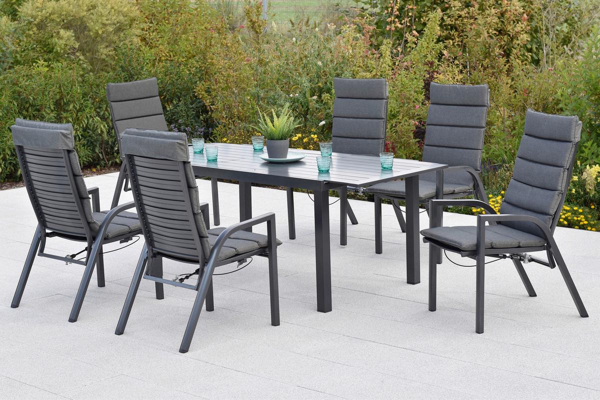 Gartentischgruppe Siros 7-tlg. Graphitfarben - Graphitfarben, KONVENTIONELL, Textil/Metall - Gardenson