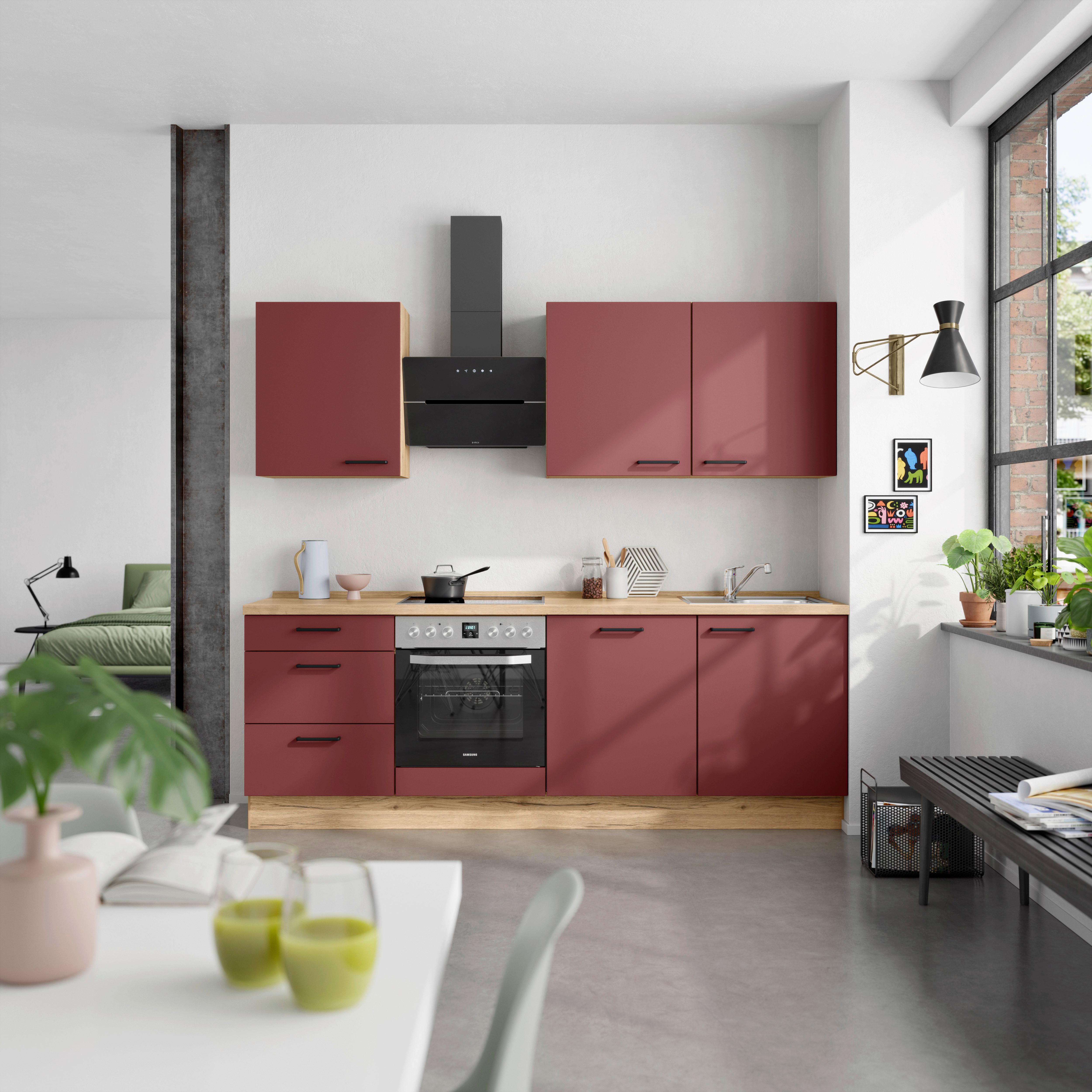Küchenblock Easytouch High m. Geräten Dunkelrot - Eichefarben/Schwarz, MODERN, Holzwerkstoff/Metall (240cm) - Nobilia