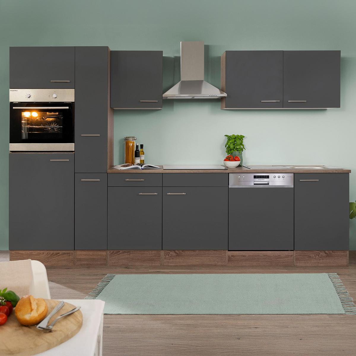 Küchenzeile mit Geräte Grau /Eiche Dekor ca. ca. 310 cm - Edelstahlfarben/Eichefarben, Design, Holzwerkstoff (310cm) - Respekta