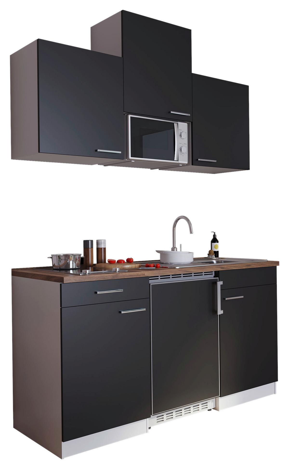 Miniküche Economy m. Geräten Schwarz B: ca. 150 cm - Edelstahlfarben/Nussbaumfarben, Basics, Holzwerkstoff/Kunststoff (150cm) - Respekta