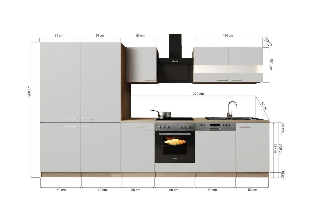 Küchenblock Merle m. Geräten Weiß - Edelstahlfarben/Eichefarben, Trend, Holzwerkstoff/Metall (340cm) - Respekta