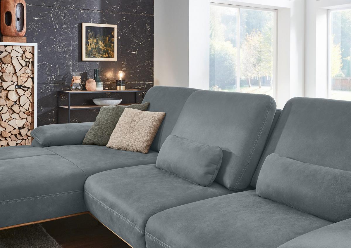 Wohnlandschaft Erling Blaugrau - Beige/Blaugrau, MODERN, Leder/Metall (187/89/322cm) - Premium Living