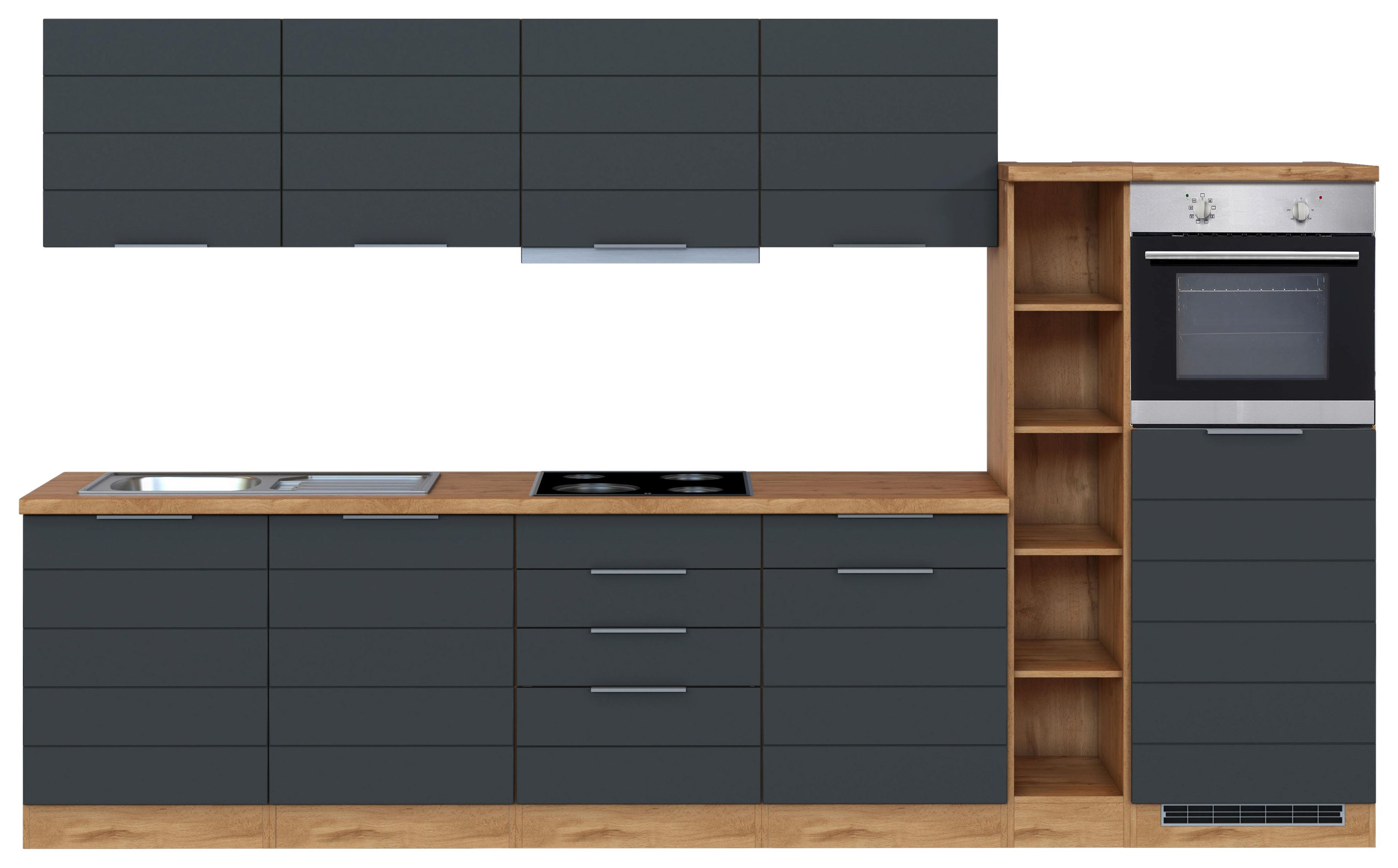 Küchenblock Florenz mit Geräten ca. 330 cm Grau/Eiche - Eiche Wotan/Grau, Design, Holzwerkstoff/Metall (330cm) - Held