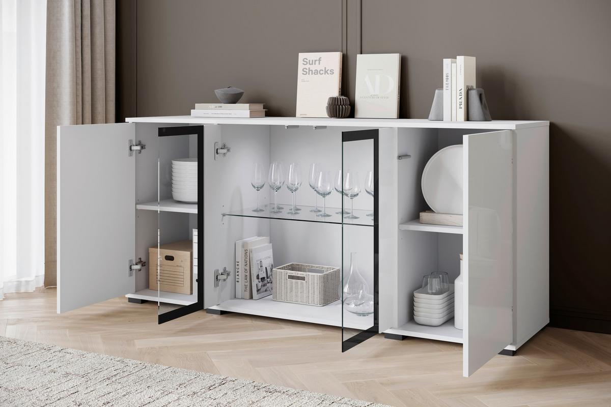 Komoda Caro, Bela, Visoki Sijaj - črna/bela, Design, umetna masa/steklo (150/69,7/39,5cm) - Livetastic