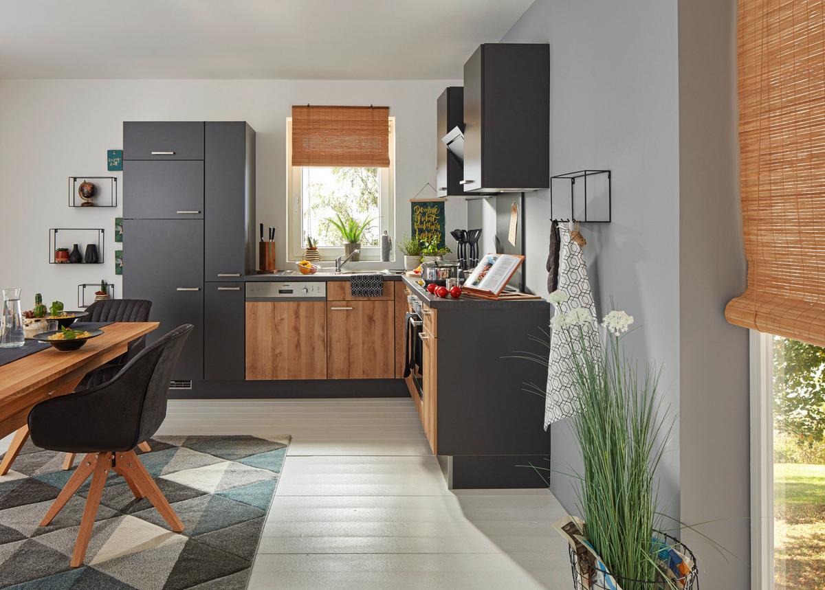 Eckküche inkl. 4 E-Geräte PN100/80 - Eichefarben/Dunkelgrau, MODERN, Holzwerkstoff (265/215cm) - Pino