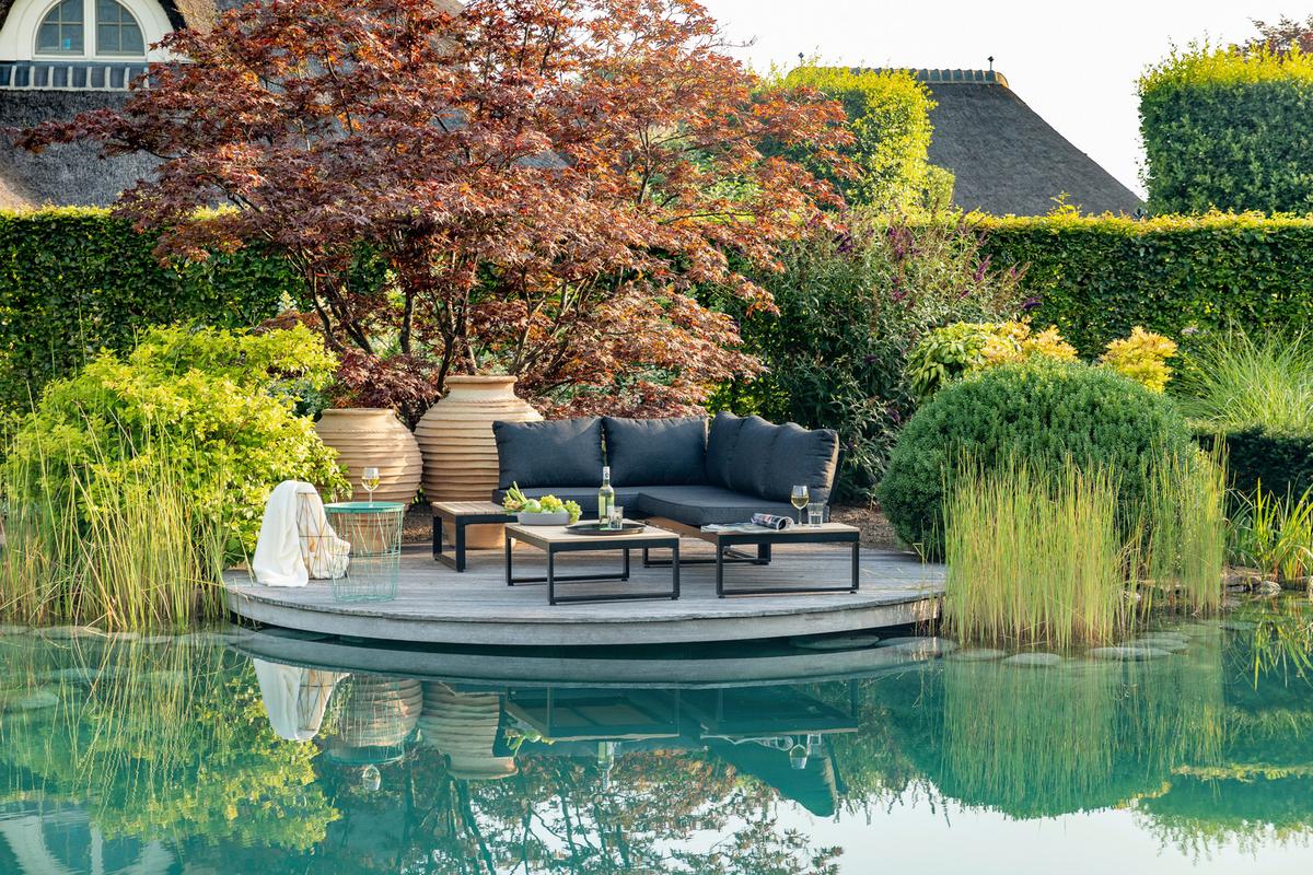 Loungegarnitur 3-tlg Rio Echtholz/Metall mit Kissen - Anthrazit/Braun, MODERN, Holz/Textil (178/68/228,5cm) - Gardenson