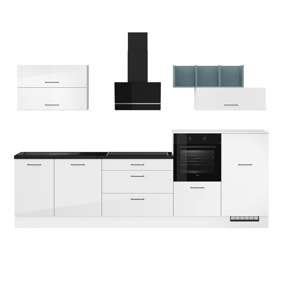 Küchenblock inkl. 5 E-Geräte IP4050 Weiß Hochglanz - Weiß Hochglanz/Schwarz, Trend, Holzwerkstoff/Metall (320cm) - Impuls