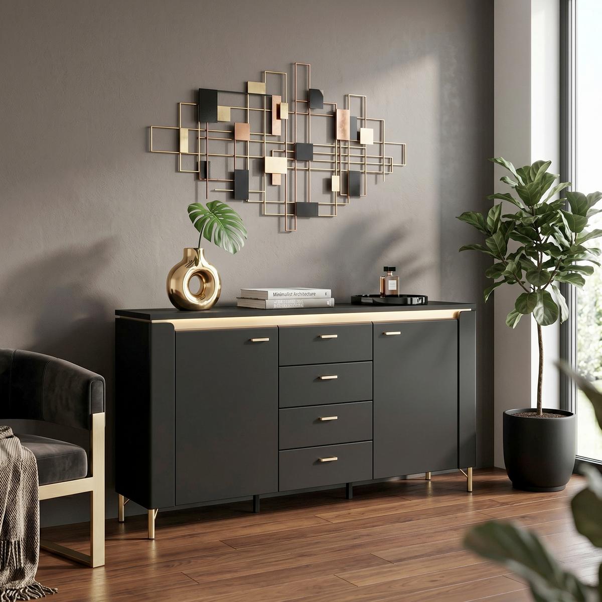 Kommode Norica Goldfarben/Schwarz B: 155,3 cm - Goldfarben/Schwarz, Trend, Holzwerkstoff/Metall (155,3/87,3/40cm)