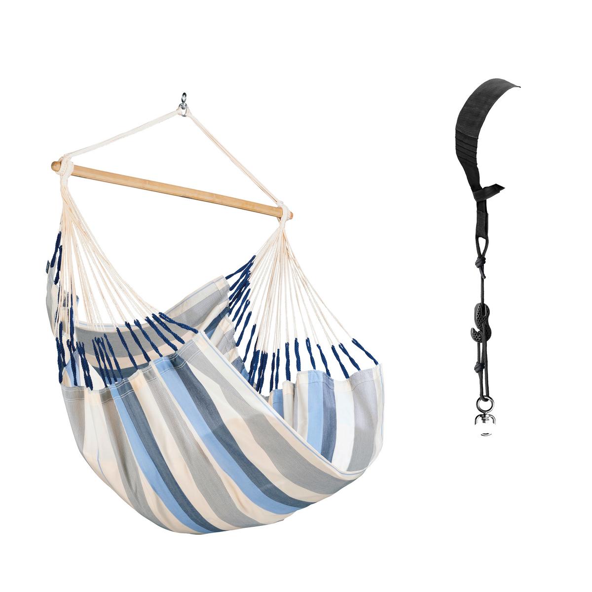 Hängesessel Comfort Hammock Echtholz ca. 110x160x180 cm - Weiß/Dunkelblau, KONVENTIONELL, Holz/Textil (110/160/180cm) - La Siesta