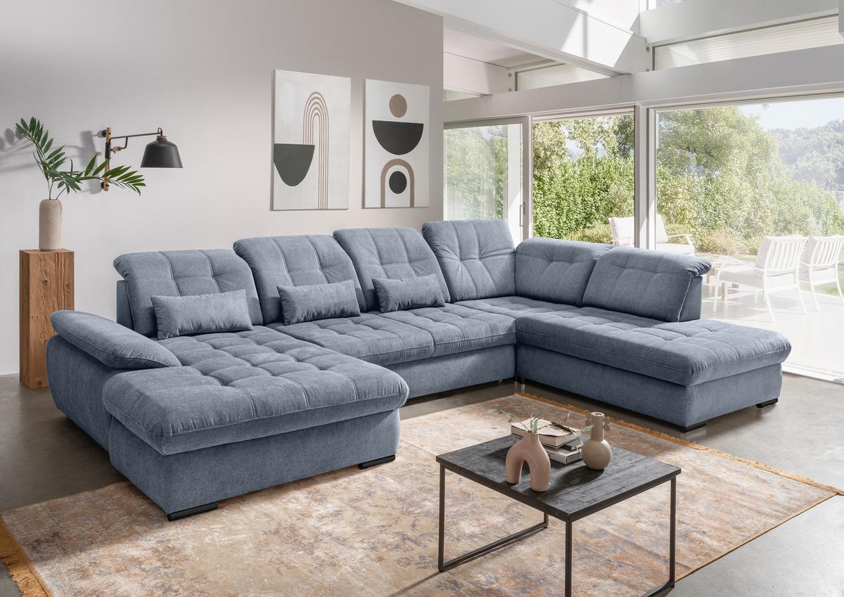 Wohnlandschaft Rigatti Hellblau Chenille m.Bettkasten - Schwarz/Hellblau, MODERN, Textil/Metall (184/387/252cm) - Livetastic