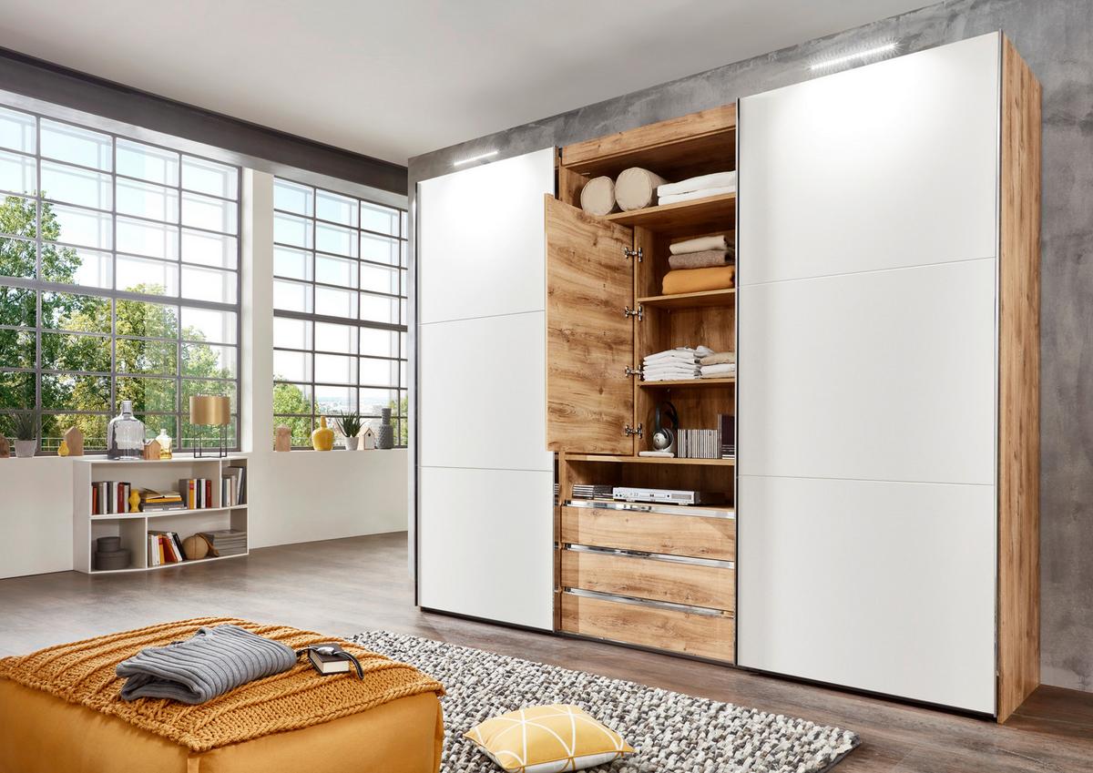 DULAP USI CULISANTE MAGIC - alb/culoare lemn stejar, Modern, material pe bază de lemn (300/216/65cm) - Premium Living