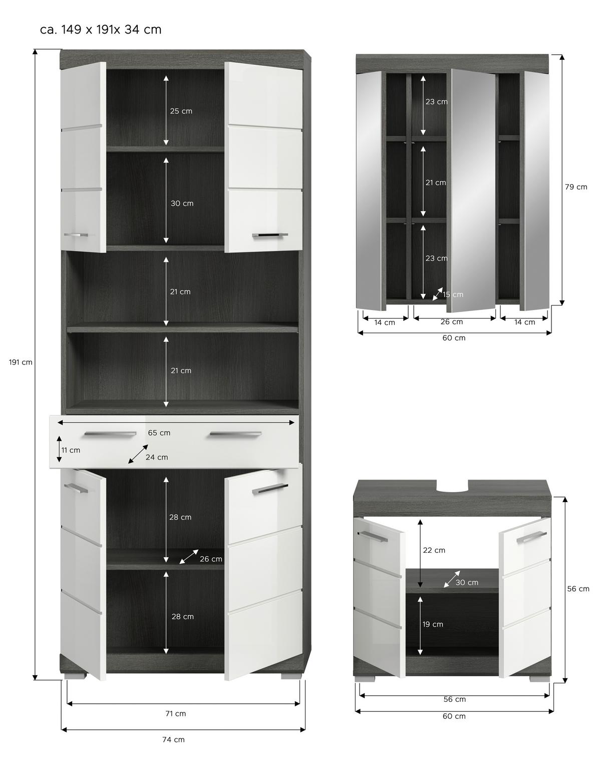 Badezimmer Scout 3-tlg. ca. 134 cm Anthrazit/Weiß - Chromfarben/Weiß Hochglanz, MODERN, Holzwerkstoff/Kunststoff (134cm) - MID.YOU