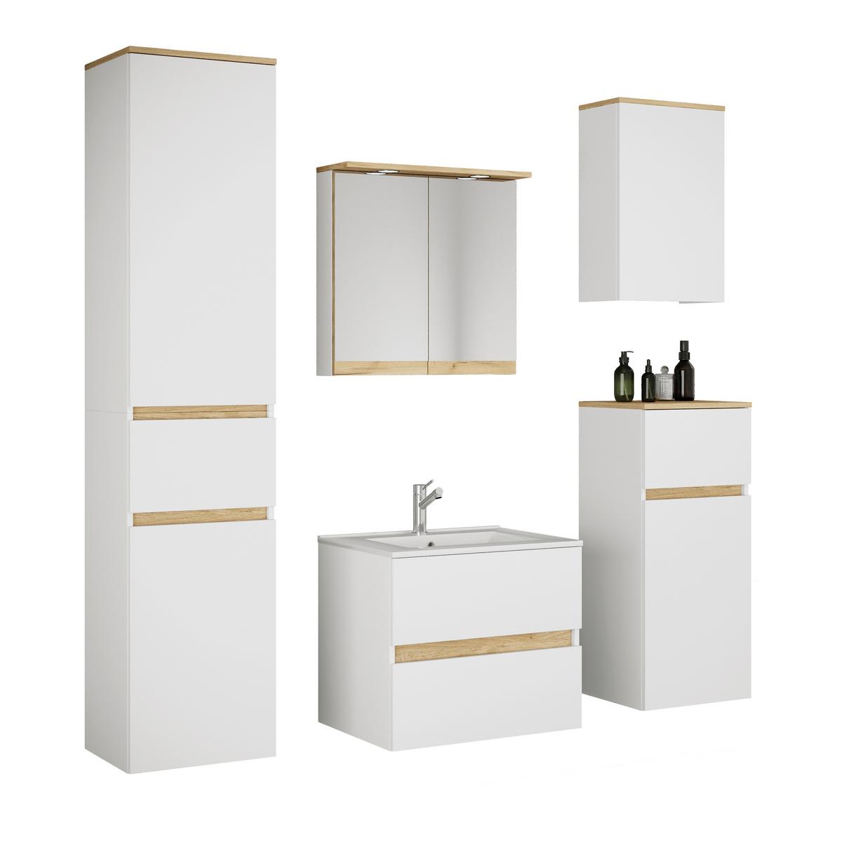 Badezimmer Cosila - Honigeiche/Weiss, Trend, Keramik/Holzwerkstoff (141cm) - MID.YOU