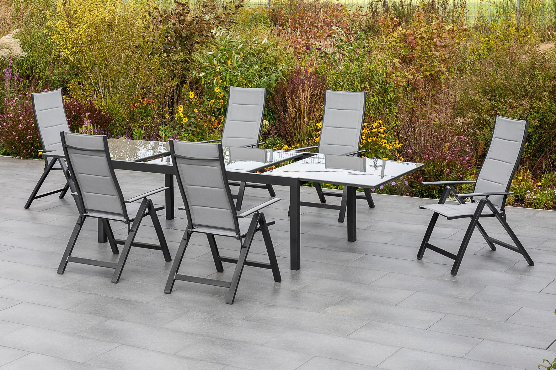 Gartentisch "Semi", ausziehbar Metall/Glas L: 150-220 cm - Graphitfarben/Grau, KONVENTIONELL, Glas/Metall (150-220/90/75cm) - Gardenson