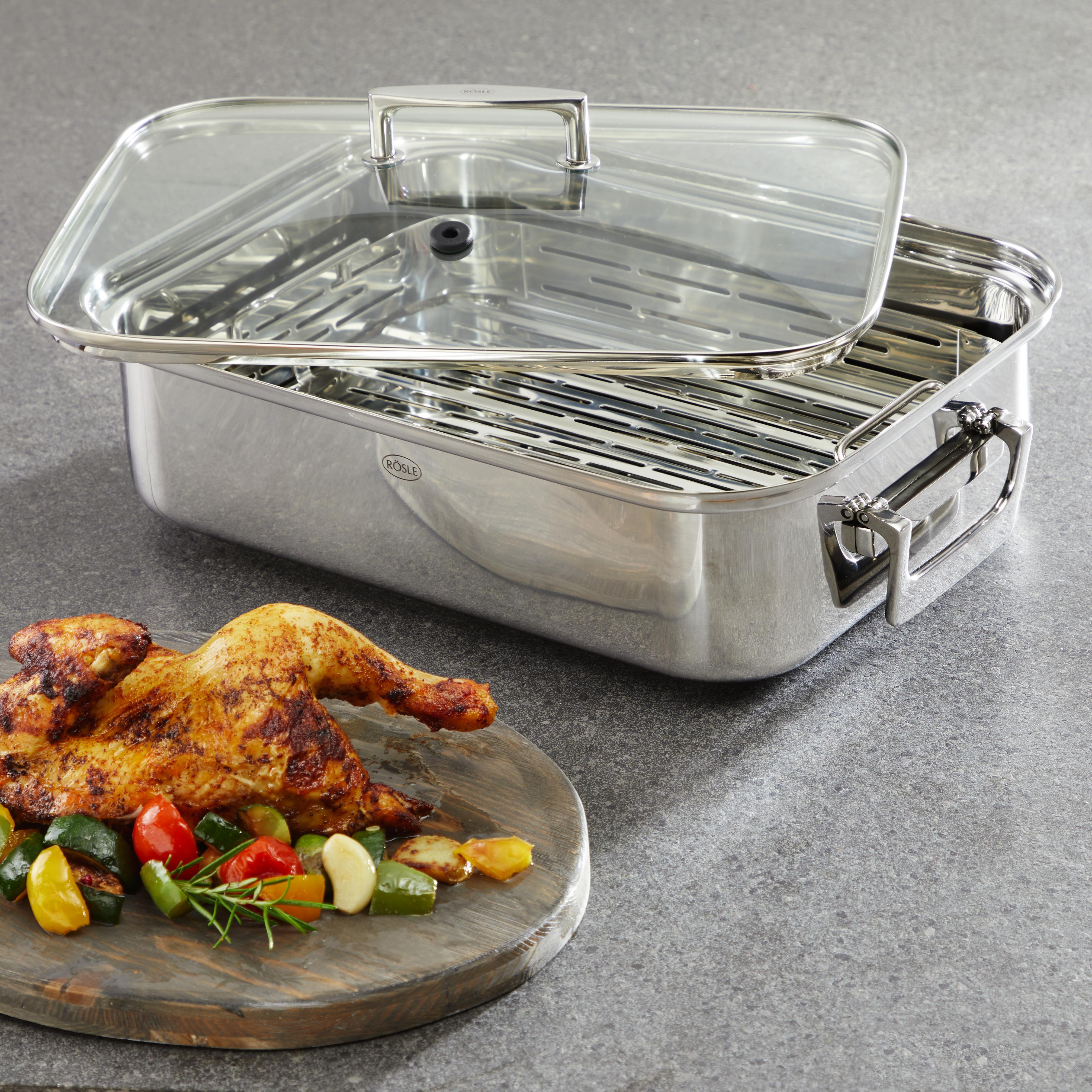 Bräter Rösle mit Deckel ca. 40x28,5x15,5 cm - Edelstahlfarben, KONVENTIONELL, Glas/Metall (40/28,5/15,5cm) - Rösle