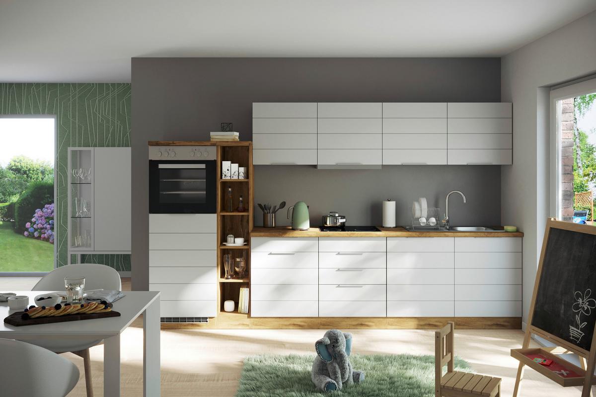 Küchenblock Florenz ohne Geräte ca. 330 cm Weiß/Eiche - Eiche Wotan/Weiß, Design, Holzwerkstoff/Metall (330cm) - Held