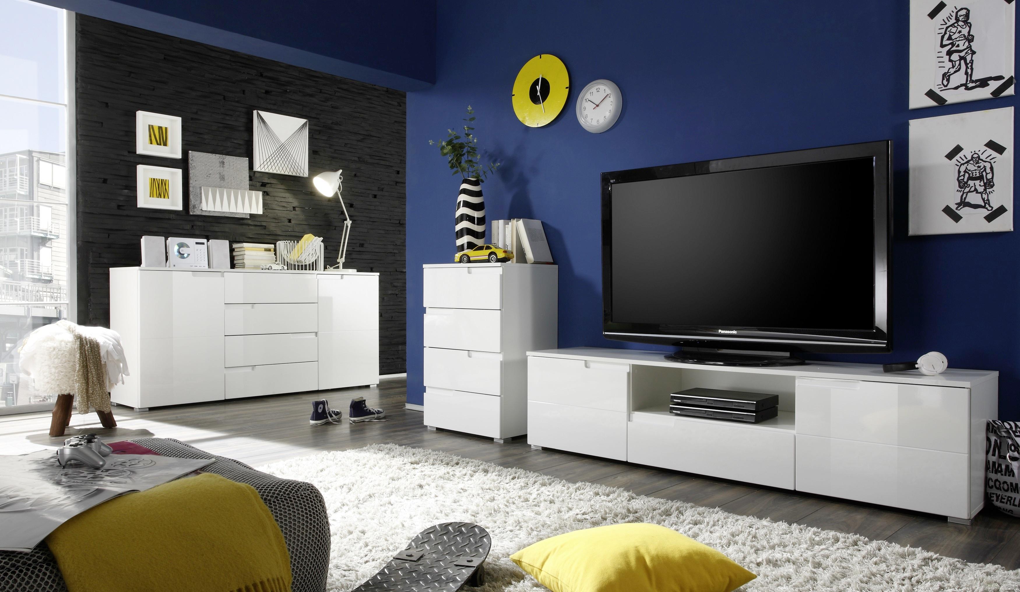 KOMODA NISKA SPICE 9 -SC- - biały wysoki połysk/kolor srebrny, Design, materiał drewnopochodny/tworzywo sztuczne (165/42/40cm) - Carryhome