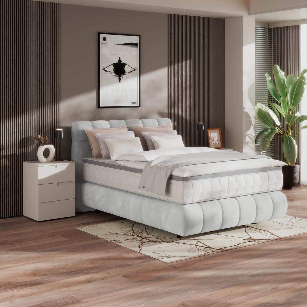 Boxspring Krevet Nobu - svijetlo siva/crna, Trend, drvo/tekstil (140/200cm) - Premium Living