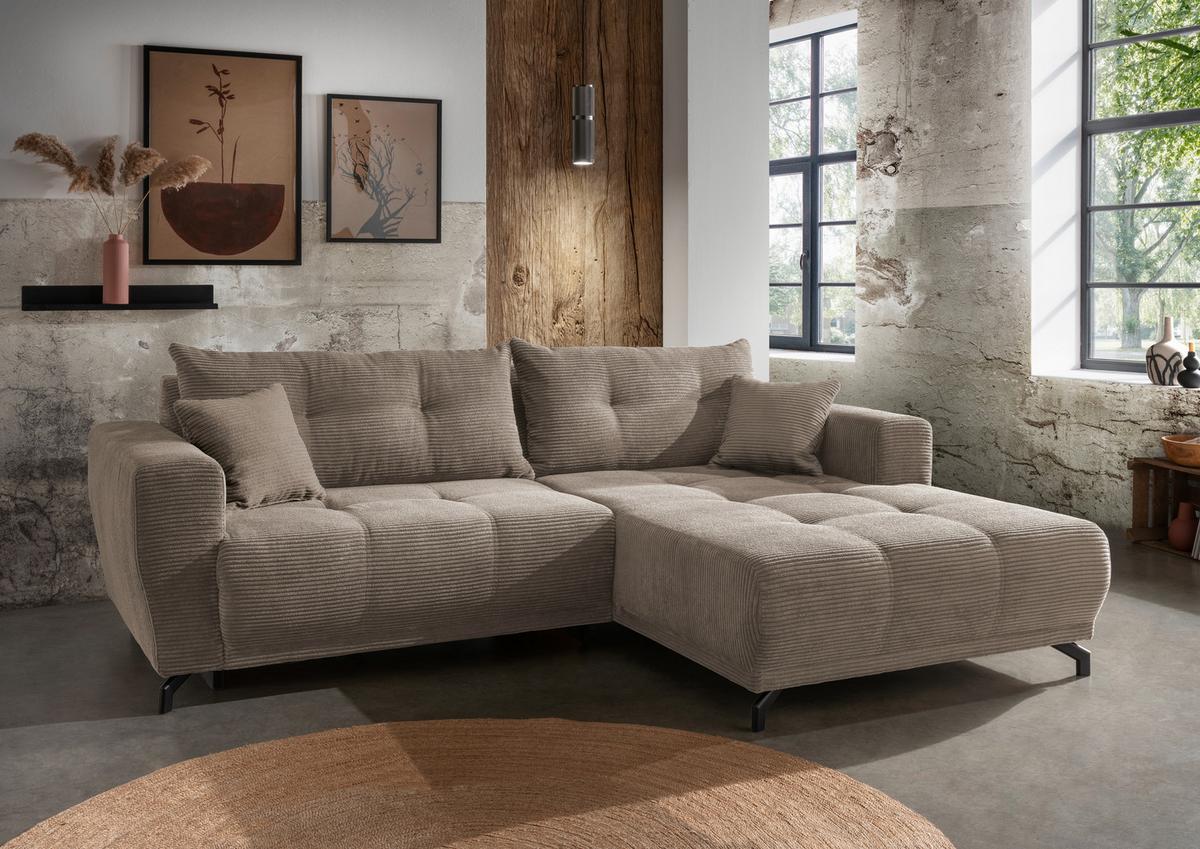 Wohnlandschaft Restato Graubraun Cord - Graubraun/Schwarz, MODERN, Holz/Textil (246/177cm) - MID.YOU