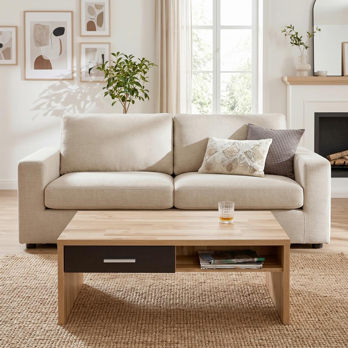 Couchtisch Sonate Eichefarben/ Schwarz mit Schublade - Chromfarben/Eichefarben, MODERN, Holzwerkstoff/Metall (110/64/40cm) - Mömax