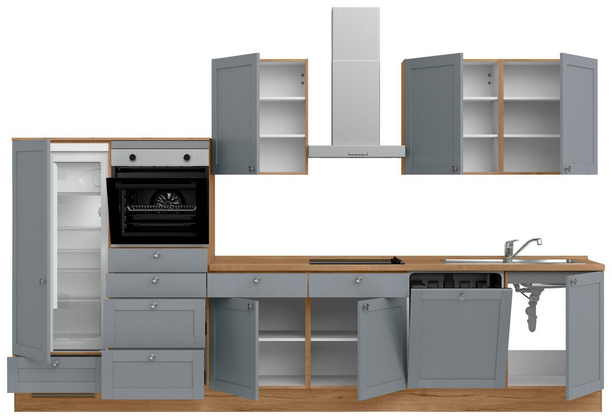 Küchenleerblock Frame Low o. Geräte Blaugrau - Edelstahlfarben/Eichefarben, MODERN, Holzwerkstoff/Metall (360cm) - Nobilia