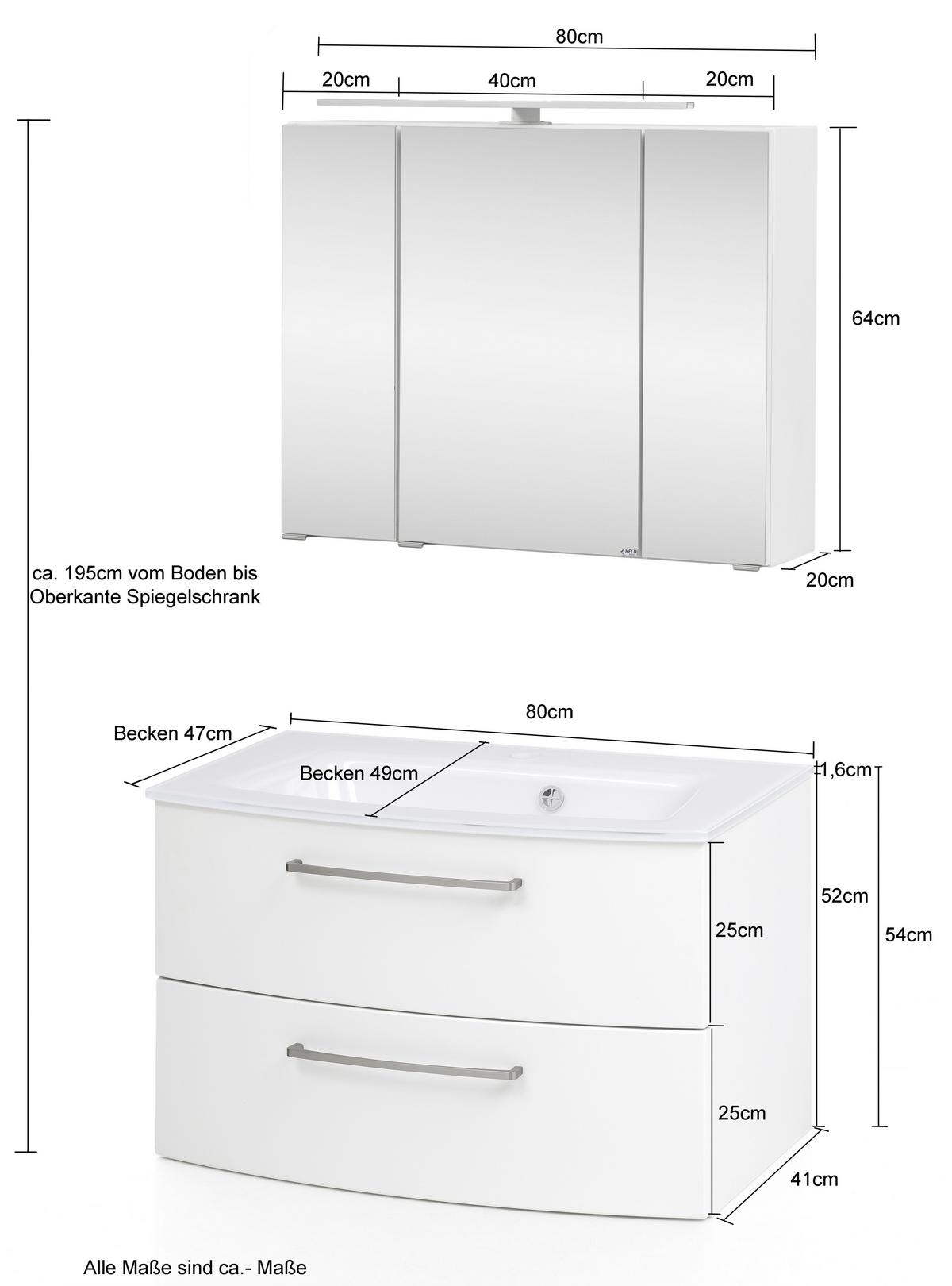Badmöbel-Set 3-tlg inkl. LED Stockholm 80cm Weiß - Weiß/Grau, KONVENTIONELL, Holzwerkstoff (80cm) - Held