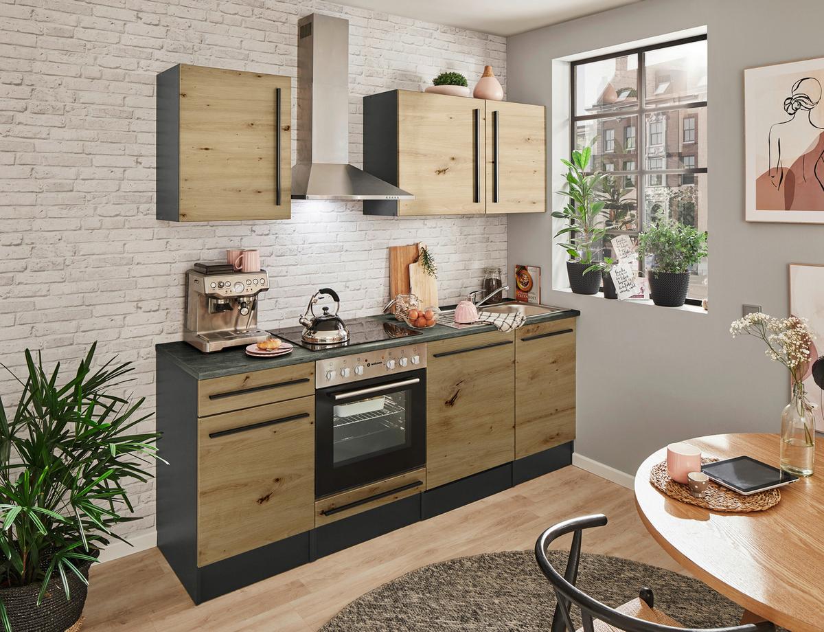 Küchenblock Jazz mit Geräten ca.220cm Eiche/Anthrazit - Anthrazit/Schwarz, LIFESTYLE, Holzwerkstoff/Kunststoff (220cm) - P & B