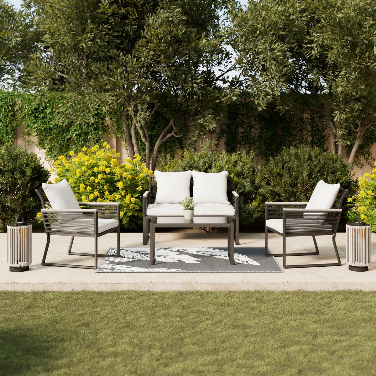 Loungegarnitur Paulina Hellgr. Metall/Outdoorstoff +Abdeckung - Hellgrau/Schwarz, MODERN, Glas/Kunststoff (106/74/70,5cm) - Bessagi Garden